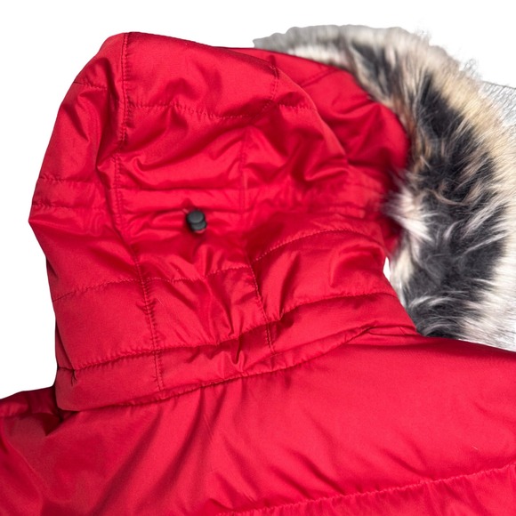 Lands End Red Down Puffer Coat Womens Medium Faux Fur Hood Warm Winter Jacket - Picture 5 of 12